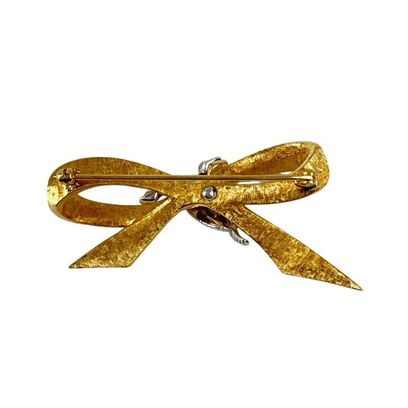 Vintage Gold Bow Brooch with Rhinestones Textured Metal Ribbon Pin - Picture 7 of 10